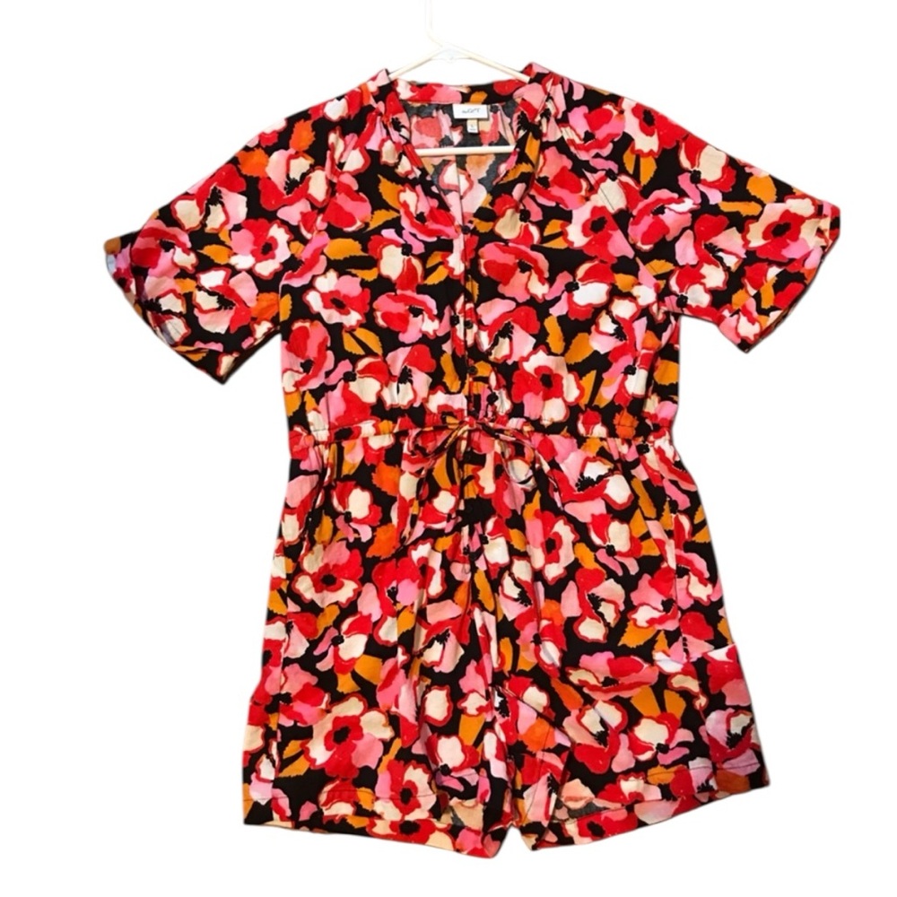 The Get Floral Romper Small | Red Pink Boho Summer Tie Waist Short Sleeve